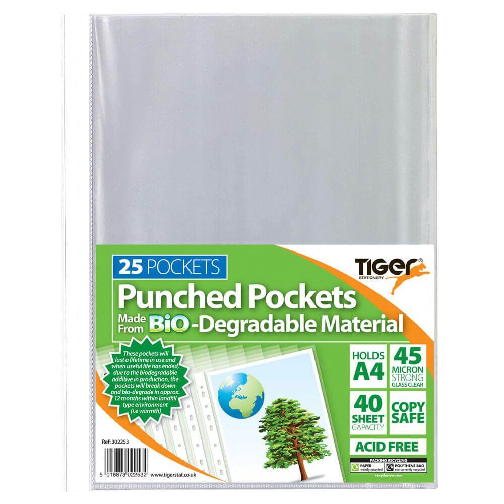 Tiger A4 Punched Pockets 25 Pack Biodegradable